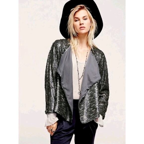 Free People Drippy Sequin Cardigan Jacket sz L Gray Waterfall Front Lined - Picture 1 of 16